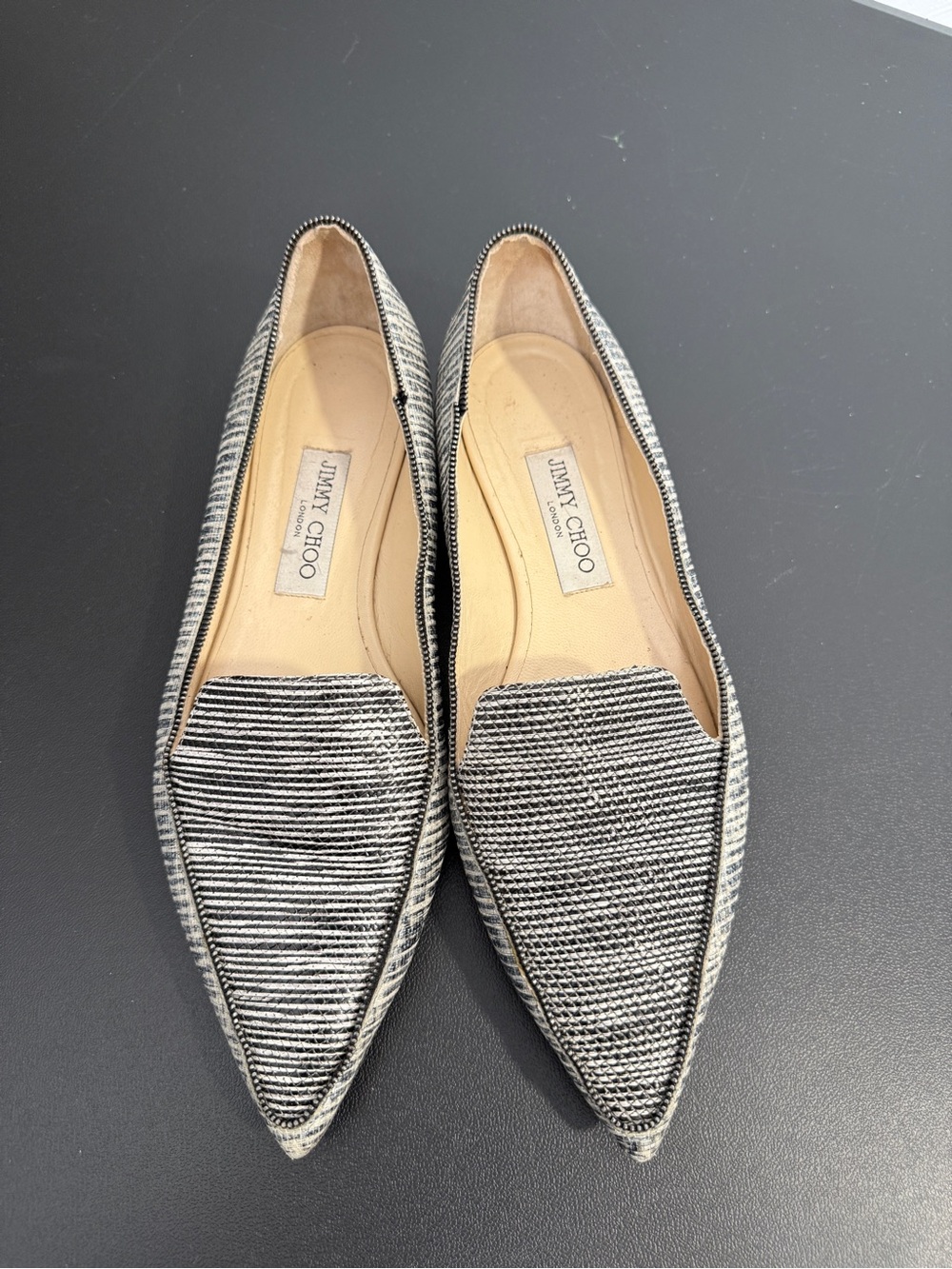 Jimmy Choo Black and White Striped Pointed-Toe Flats - Picture 5 of 7
